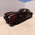 Vintage Maroon Sports Car On Light Tiled Floor With White Brick Wall And Blue Sky