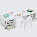 White Desk With Storage Drawers Compartments Colored Pencils Crayons Open Book Papers And White Chair