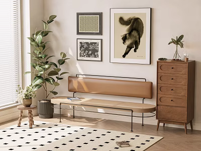 Modern TV Stand Living Room with Plant Wall Paintings Bench and Area Rug 3d model