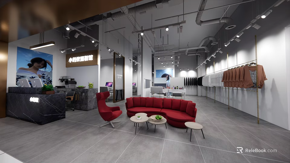 Modern Retail Space Interior With Red Sofa Chairs Small Tables And Clothes Racks 3d model 
