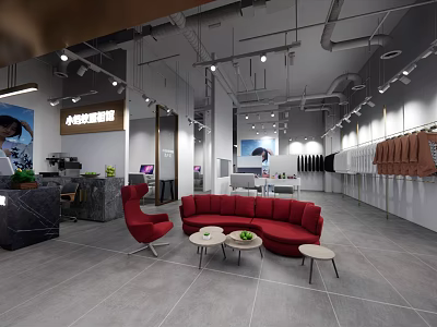 Modern Retail Space Interior With Red Sofa Chairs Small Tables And Clothes Racks 3d model