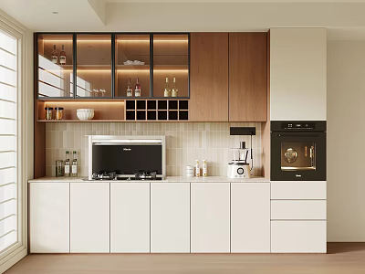 Modern Wood And White Sideboard Cabinet With LED Lighted Glass Display And Wine Rack 3d model
