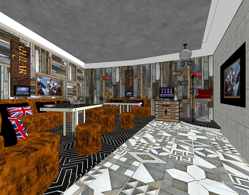 Vintage KTV Lounge Interior With Brown Sofa Tables Wall Art And Geometric Flooring 3d model 