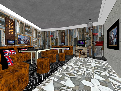 Vintage KTV Lounge Interior With Brown Sofa Tables Wall Art And Geometric Flooring 3d model