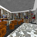 Vintage KTV Lounge Interior With Brown Sofa Tables Wall Art And Geometric Flooring