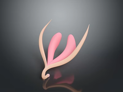 Pink Botanical Plant with Petal Structures Light Stems 3D Rendered and Reflections on Dark Background 3d model