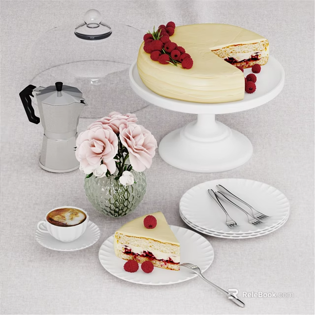 Cream Cake With Raspberries On White Stand Sliced Piece Coffee And Pink Flowers 3d model 