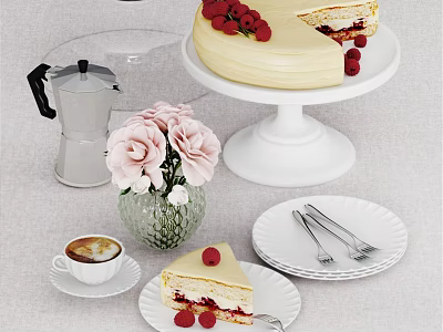 Cream Cake With Raspberries On White Stand Sliced Piece Coffee And Pink Flowers 3d model