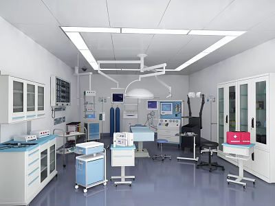 Professional Modern Operating Room With Surgical Lights Medical Cabinets Trolleys And Displays 3d model