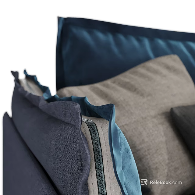 Stylish Two Seater Sofa With Navy Blue Velvet And Beige Linen Ruffled Cushions 3d model 