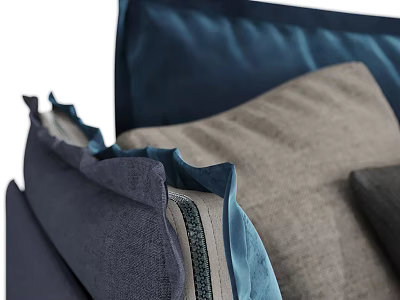 Stylish Two Seater Sofa With Navy Blue Velvet And Beige Linen Ruffled Cushions 3d model