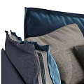 Stylish Two Seater Sofa With Navy Blue Velvet And Beige Linen Ruffled Cushions