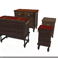 Set of Vintage Wooden Dressers With Red Upholstered Tops And Carved Legs