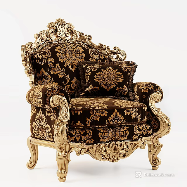 Ornate European Style Leisure Chair With Gold Carvings Dark Fabric And Floral Patterns 3d model 