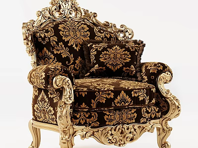 Ornate European Style Leisure Chair With Gold Carvings Dark Fabric And Floral Patterns 3d model