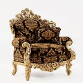Ornate European Style Leisure Chair With Gold Carvings Dark Fabric And Floral Patterns