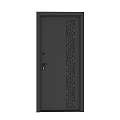 Modern Black Sliding Door With Geometric Pattern Design And Sleek Metal Frame Details