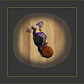 Cartoon Basketball Player In Purple Jersey Holding Ball On Wooden Floor