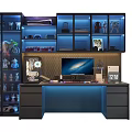 Gaming Desk With Glass Door Cabinets Collectible Figures Blue Lighting Ergonomic Chair Wall Decor 1218