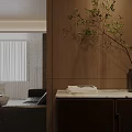 Modern Minimalist Living Dining Room With Dark Wood TV Background And Marble Coffee Tables