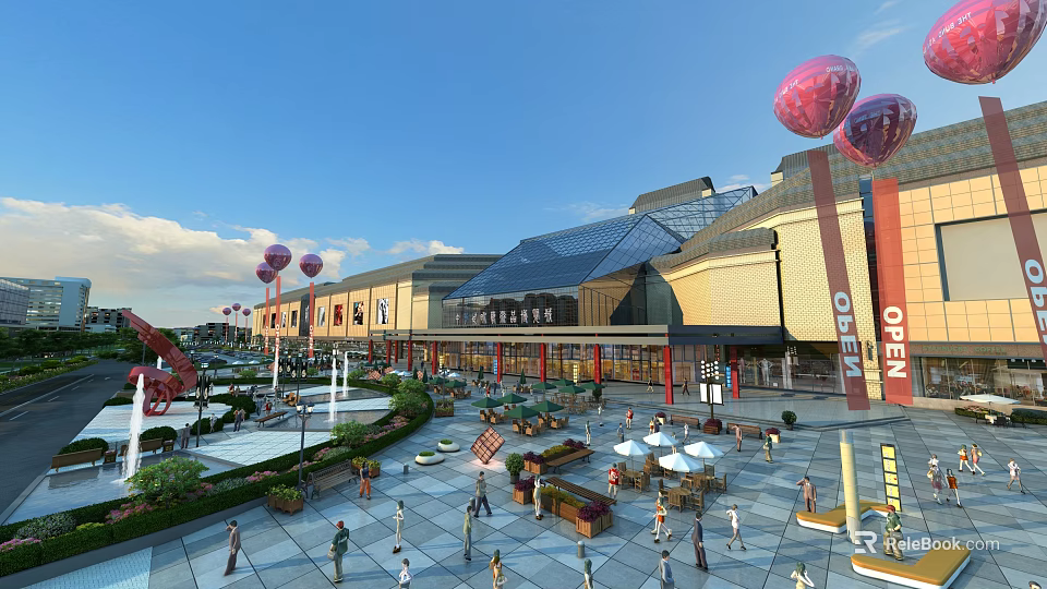 Vibrant Commercial Street With Modern Buildings Plaza Crowded People Red Balloons Outdoor Seating Open Sign 3d model 