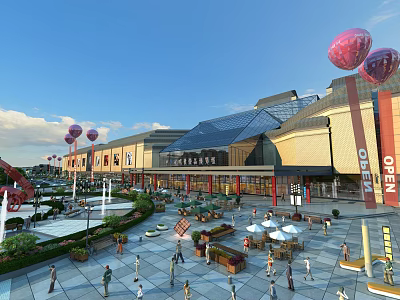 Vibrant Commercial Street With Modern Buildings Plaza Crowded People Red Balloons Outdoor Seating Open Sign 3d model