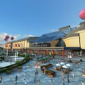 Vibrant Commercial Street With Modern Buildings Plaza Crowded People Red Balloons Outdoor Seating Open Sign