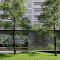 Modern Garden Landscape Design With Green Lawn Trees Stones And Sofa Coffee Table