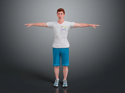 Man With Red Hair White T-Shirt Blue Shorts Arms Outstretched Against Gray Background Wearing Sneakers 3d model