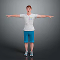 Man With Red Hair White T-Shirt Blue Shorts Arms Outstretched Against Gray Background Wearing Sneakers