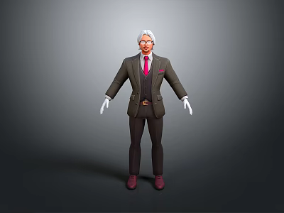Man In Brown Suit With White Hair Red Tie Waistcoat White Gloves And Red Shoes 3d model