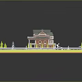 Two Story Red Brick House With Green Roof White Balcony Circular Fountain And Yellow Trees