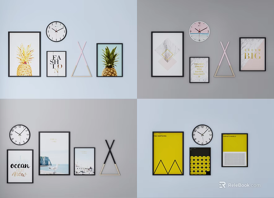 Creative Wall Decor Combinations With Clock Framed Art And Geometric Accents 3d model