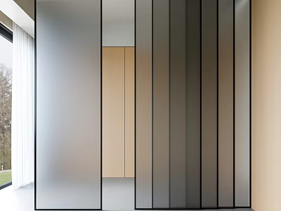 Modern Sliding Doors With Black Frame Frosted Glass And Vertical Stripes For Interior Partition 3d model
