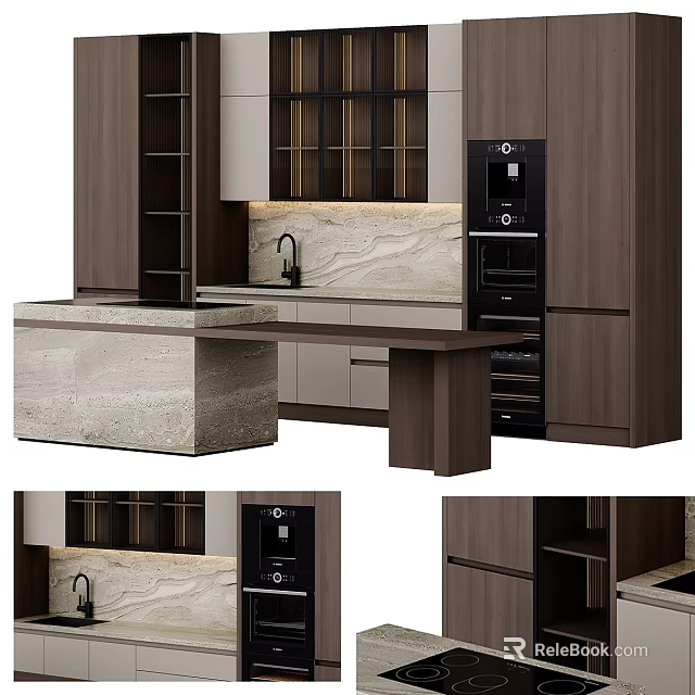 Modern Kitchen Interior With Wooden Cabinets Stone Countertop And Coffee Machine 3d model 