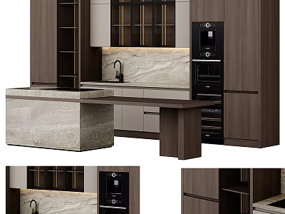 Modern Kitchen Interior With Wooden Cabinets Stone Countertop And Coffee Machine 3d model