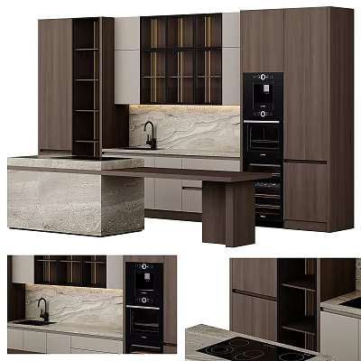 Modern Kitchen Interior With Wooden Cabinets Stone Countertop And Coffee Machine 3d model