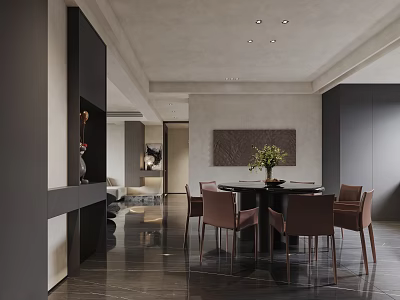Elegant Modern Dining And Living Room Interior With Dining Table Chairs Plant And Decorative Painting 3d model