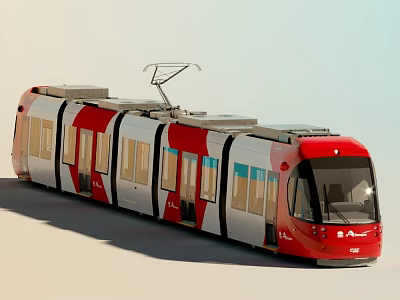 Modern Red And White Urban Metro Train With Multiple Windows Overhead Line And Sleek Design 3d model