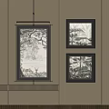 Black and White Abstract Paintings with Natural Elements and Black Frames Hanging on Grey Wall