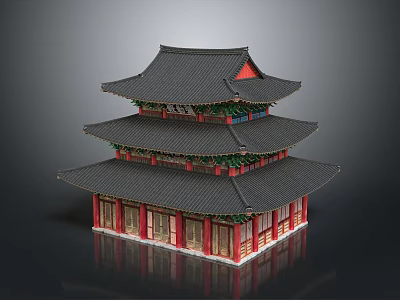 Traditional Three story Architectural Building With Black Roof Red Pillars And Green Decorations 3d model