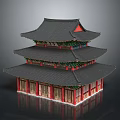 Traditional Three story Architectural Building With Black Roof Red Pillars And Green Decorations