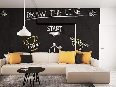 Beige Sectional Sofa With Yellow Black Cushions And Coffee Table Near Chalkboard Wall With Graffiti 3d model