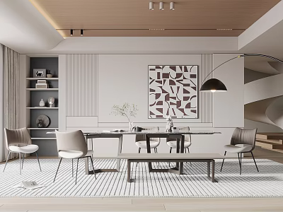 Modern Minimalist Restaurant Interior With Dining Table Chairs Bench Decorative Painting Bookshelf And Floor Lamp 3d model