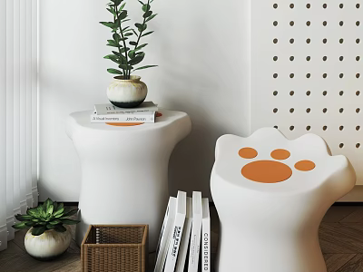 Cute White Stools With Orange Paw Print Pattern Near Green Plant Books And Wicker Basket 3d model