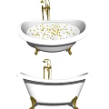 Luxurious White Bathtub Interior Design With Golden Hardware And Decorative Elements