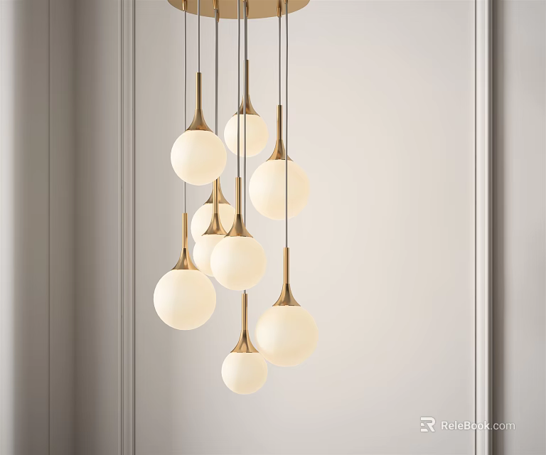 Modern Brass Chandelier With Multiple Spherical White Glass Shades For Interior Lighting Design 3d model 