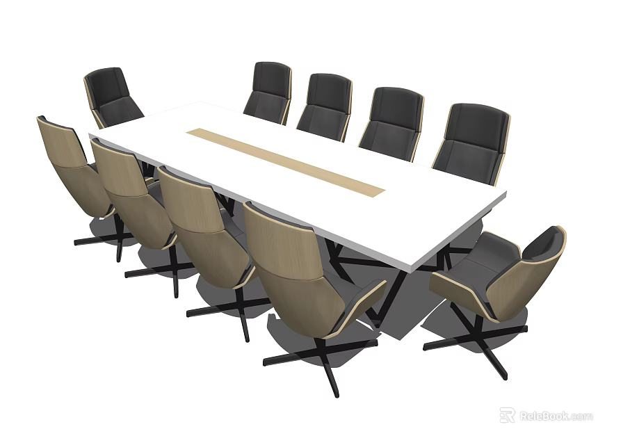 Modern White Conference Table With Central Wooden Stripe And Black Beige Chairs 3d model 