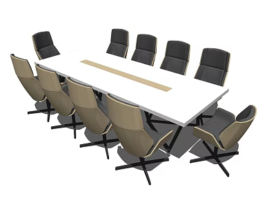 Modern White Conference Table With Central Wooden Stripe And Black Beige Chairs 3d model