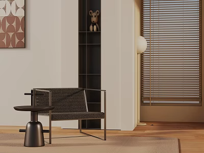 Stylish Accent Chair with Black Metal Frame Small Round Table Geometric Painting and Wooden Blinds 3d model